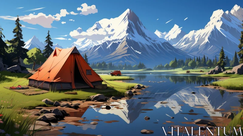 Tranquil Mountain Landscape with Lake and Red Tent AI Image