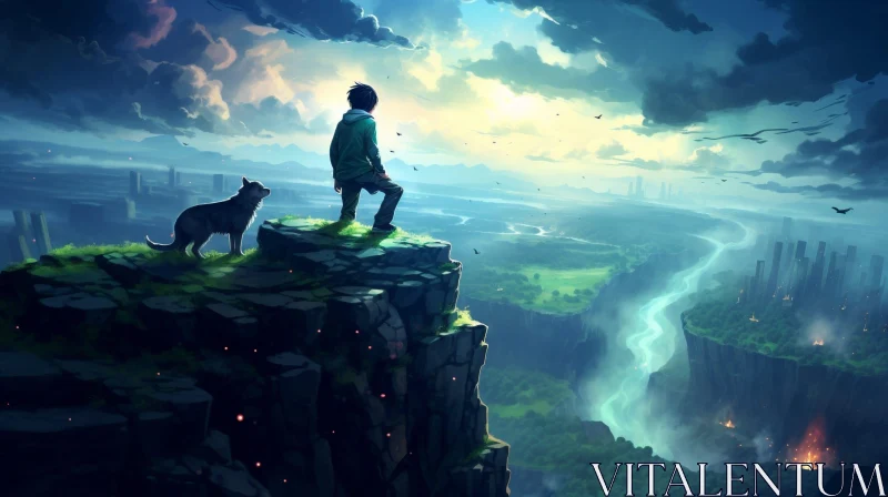 Tranquil Valley Landscape with Boy and Dog AI Image