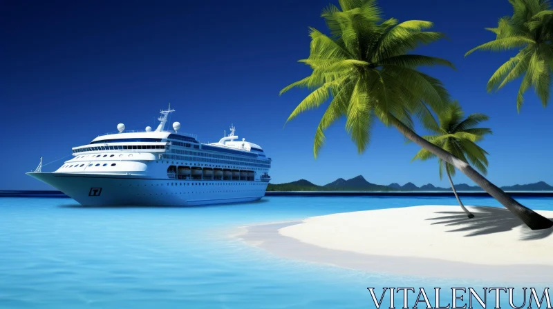 AI ART Tropical Beach Landscape with Cruise Ship - Serene Vacation Scene