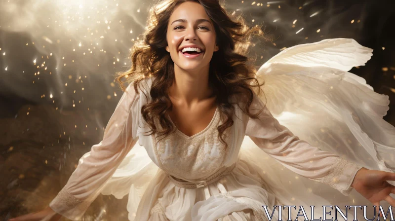 Young Woman with Angel Wings in White Dress AI Image