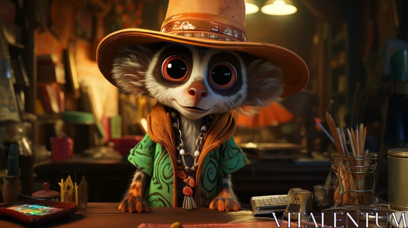 Adorable Lemur Cartoon Character on Wooden Table AI Image