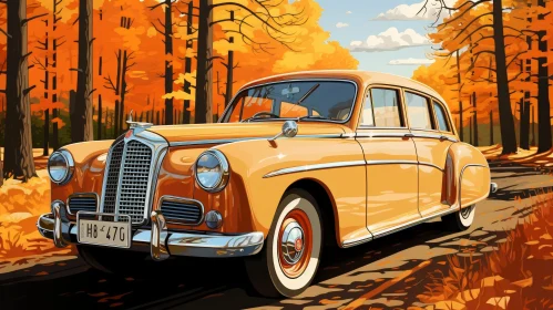 Autumn Forest Classic Car Digital Painting