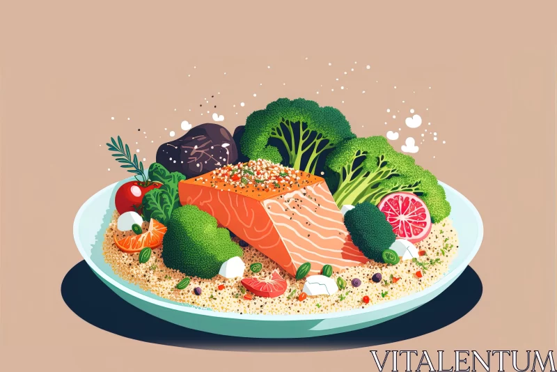 Bold Vector Illustration of Salmon with Broccoli and Vegetables AI Image