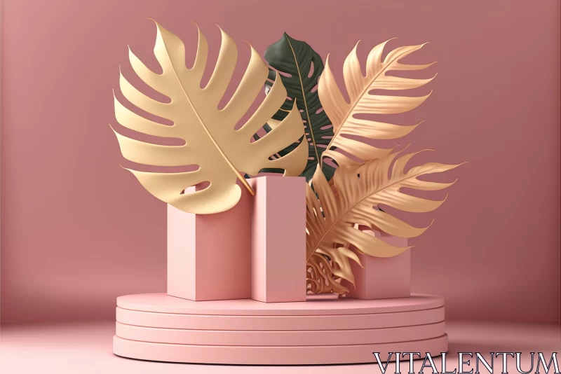 Captivating 3D Composition: Golden Palm Leaves on Pink Background AI Image