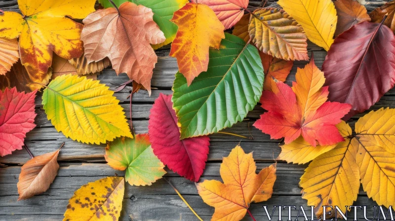 Close-Up of Fallen Autumn Leaves on Wooden Background AI Image