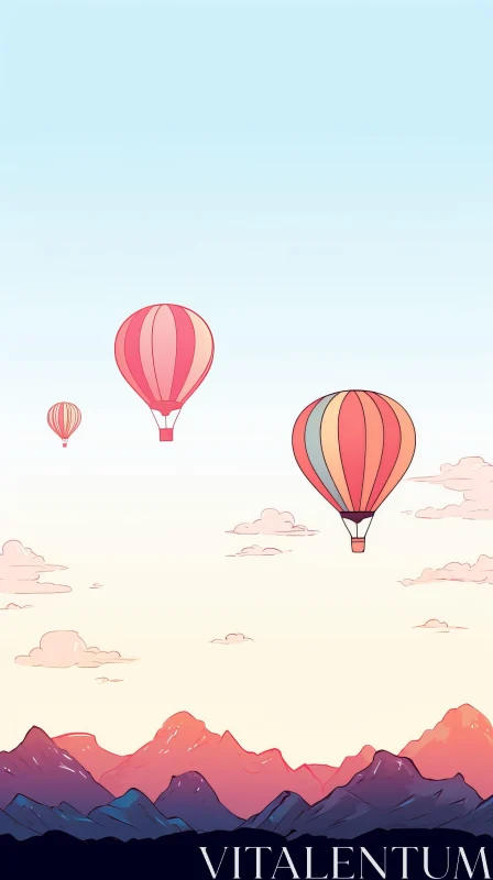 Colorful Hot Air Balloons Illustration Over Mountain Range AI Image
