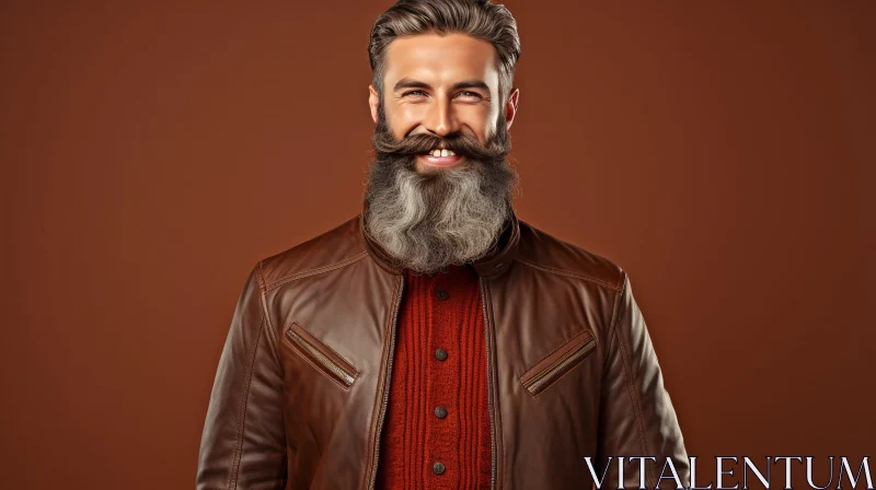 Confident Man Portrait in Brown Leather Jacket AI Image