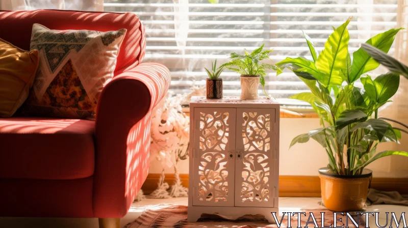 Cozy Living Room with Red Couch and Potted Plants AI Image
