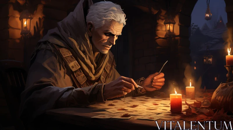 Elderly Man Writing at Table with Quill AI Image