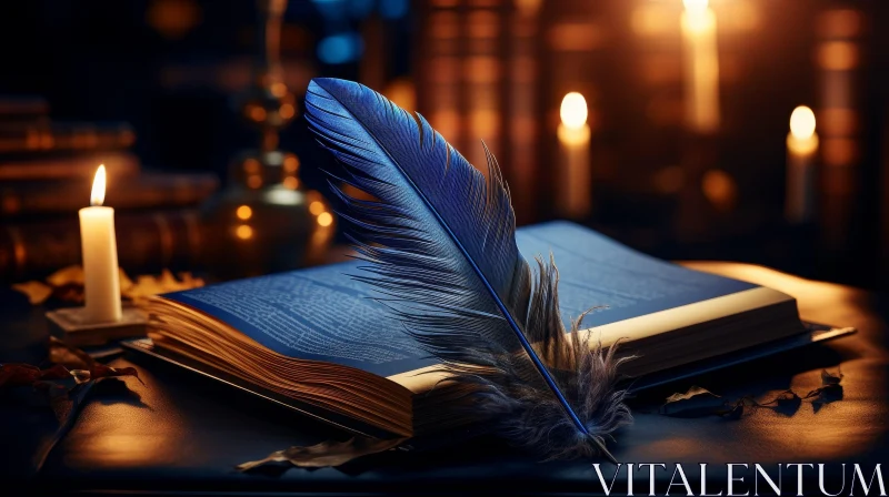 Enigmatic Blue Feather Quill on Aged Book with Candles AI Image
