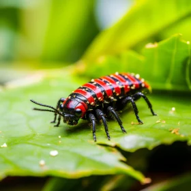 Intriguing Red and Black Caterpillar on Green Leaves - A Vietnamese Junglecore Perspective
