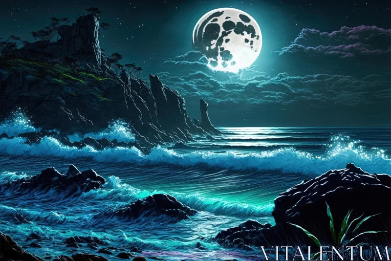 Mystical Ocean and Moon Night Wallpaper | Surrealistic Landscapes AI Image