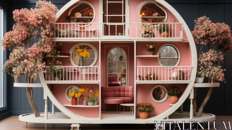 Pink Dollhouse with Flowers: A Postmodernist Maximalist Piece AI Image