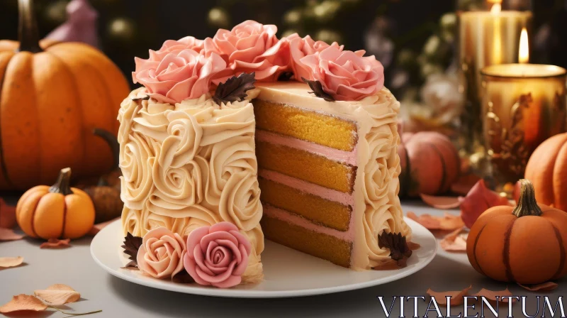 AI ART Pink Roses Cake with Pumpkins and Candle