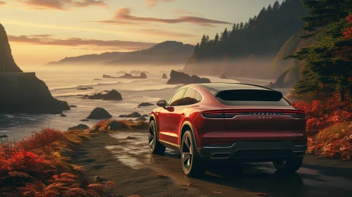 Red Porsche Cayenne SUV by Ocean at Sunset