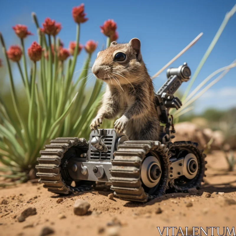Squirrel on Toy Robot Vehicle in Desert - A Blend of Natural and Artificial Wonder AI Image