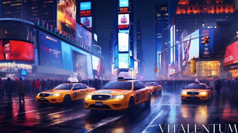 Times Square Night Cityscape with Rain and Taxi AI Image