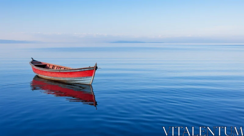 Tranquil Lake Scene with Red and White Boat AI Image