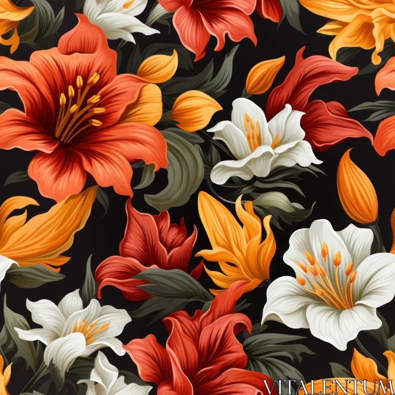 Tropical Flowers Seamless Pattern on Black Background AI Image