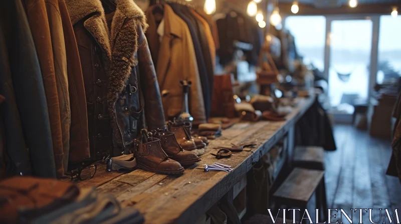 AI ART Vintage Clothing Store Still Life - Elegant Display of Leather Jackets and Boots