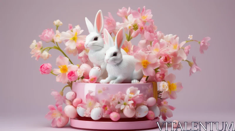 Whimsical Easter Bunnies on Floral Pink Cake AI Image