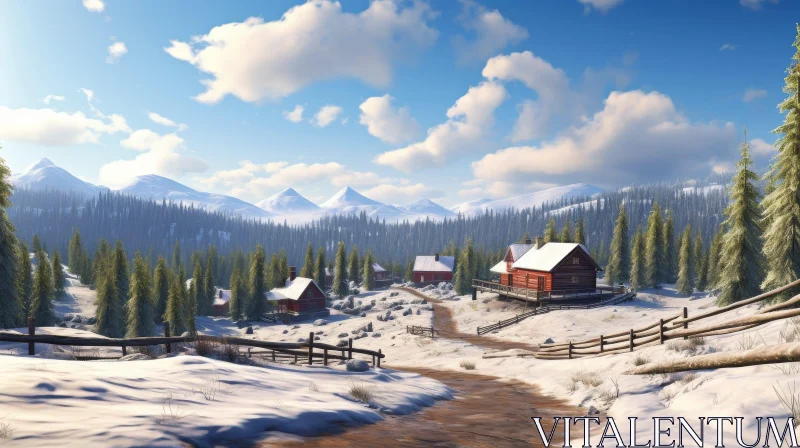 AI ART Winter Landscape Village in Mountains