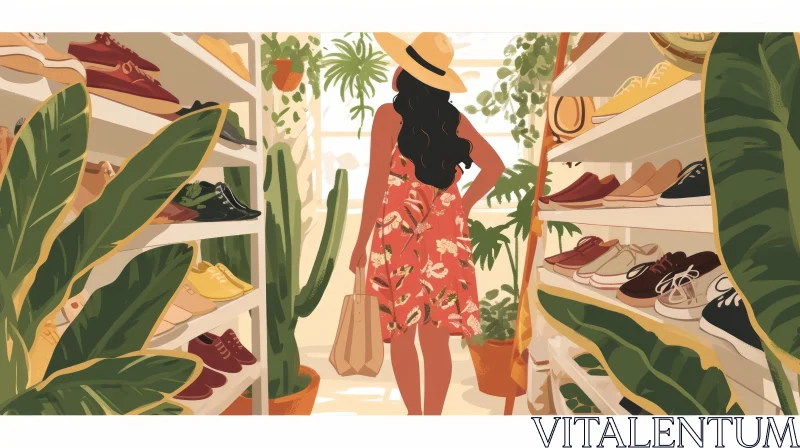 Woman Shopping for Shoes in a Boutique - Digital Illustration AI Image
