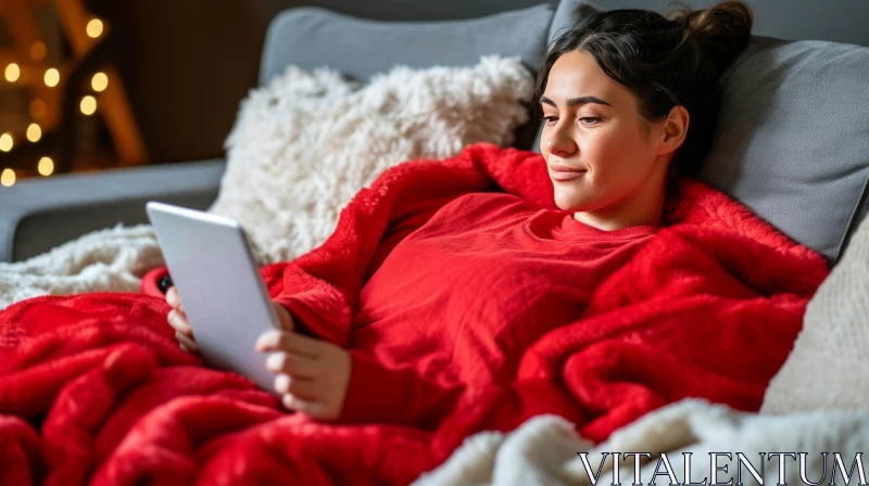 Young Woman Using Tablet on Couch with Christmas Tree in Background AI Image