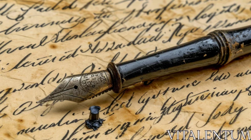 AI ART Antique Fountain Pen on Yellowed Paper with Handwritten Text