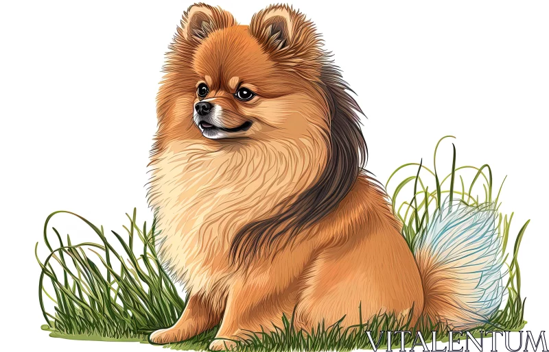Cartoon Pomeranian Dog Illustration in Grass | Detailed Portraiture AI Image