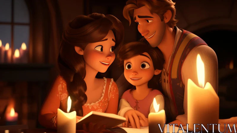 Charming Disney Family Reading a Book - A Study in Chiaroscuro AI Image