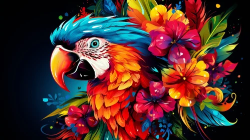 Colorful Parrot and Flowers Digital Painting