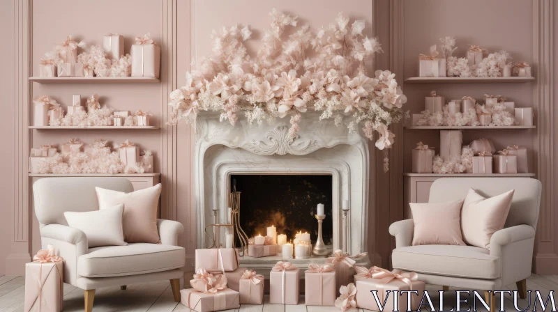 Cozy Living Room with Fireplace and Pink Flowers AI Image