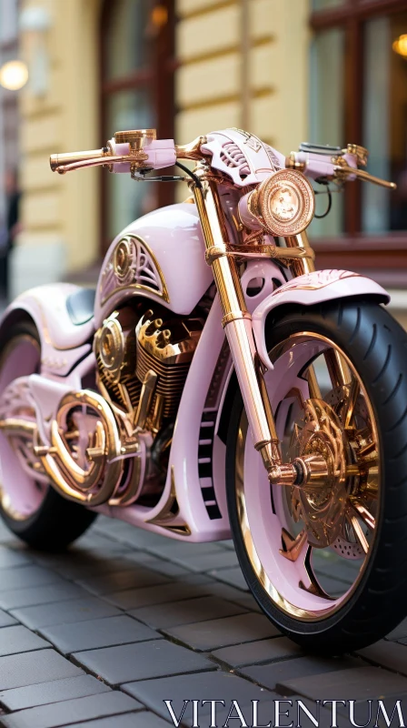 Custom Pink and Gold Motorcycle in City Setting AI Image