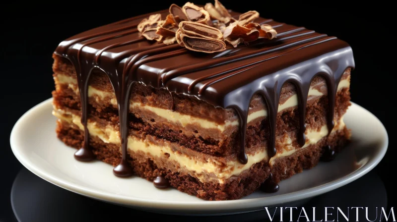 Decadent Chocolate Cake Slice on White Plate AI Image