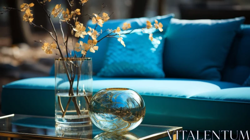 Elegant Blue Velvet Sofa in Forest Setting AI Image