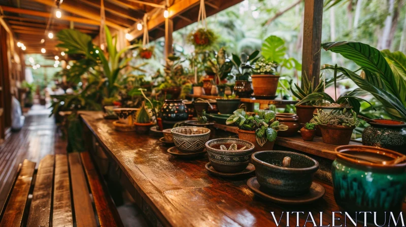 Enchanting Nature: Captivating Wooden Table with Potted Plants AI Image