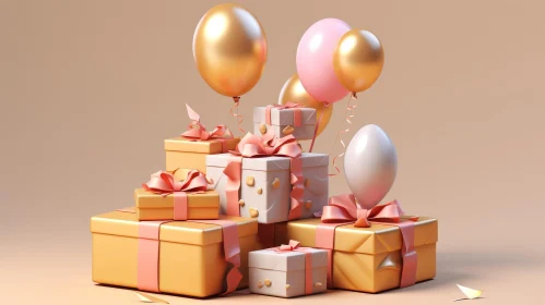 Festive Gifts and Balloons 3D Rendering