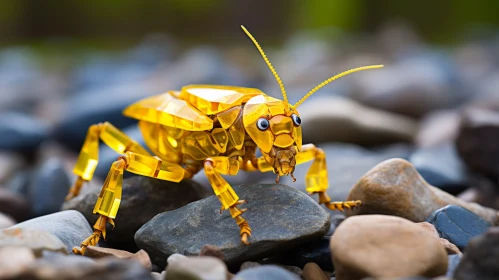 Golden Geometric Bug on Rocky Terrain - A Surreal Artistic Depiction