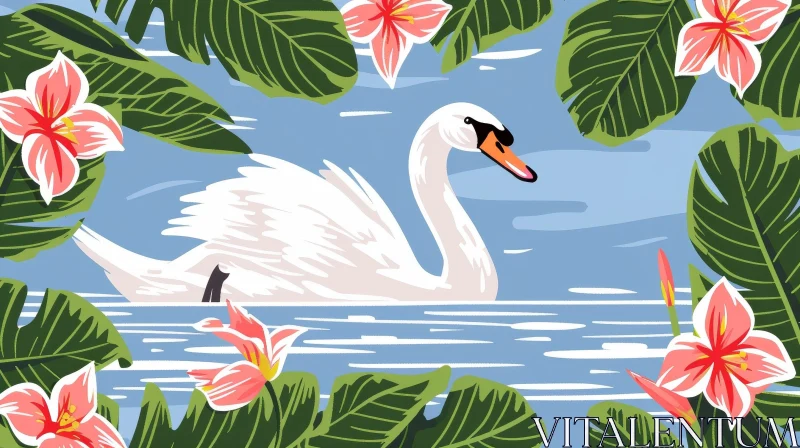 Graceful Swan Vector Illustration in Tropical Setting AI Image