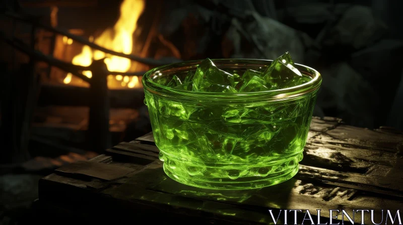 Green Glass Cup with Ice Cubes by Fireplace AI Image