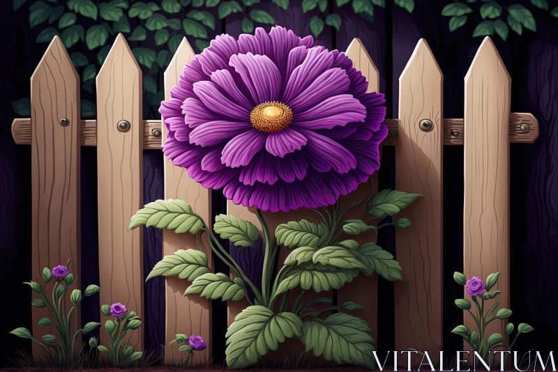 Intricate Purple Flower Art on Wooden Fence | Vibrant Character Design AI Image