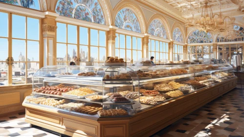 Luxurious Bakery Interior with Pastries and Natural Light