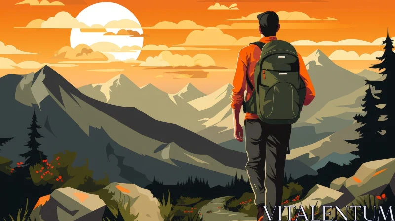 AI ART Man on Mountaintop Sunset Illustration