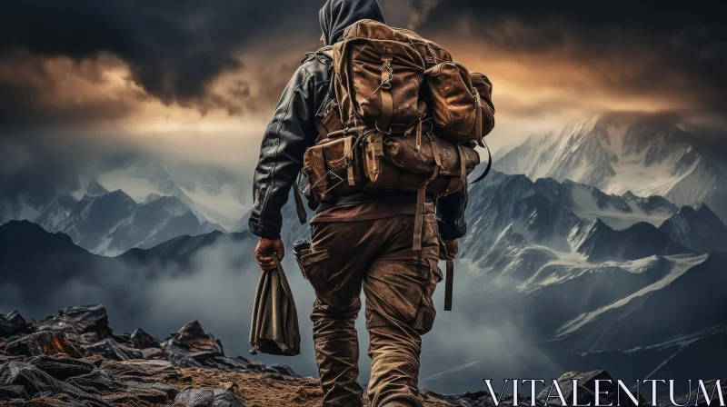 Man on Mountaintop with Backpack and Walking Stick AI Image