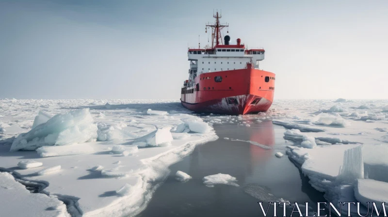 AI ART Red Icebreaker Ship in Arctic Ice - Nature Photography
