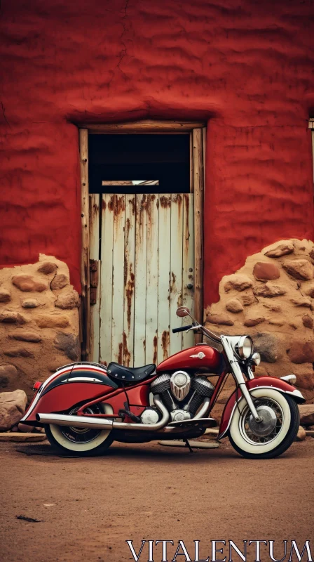 Red Indian Scout Motorcycle Parked in Front of Adobe Building AI Image
