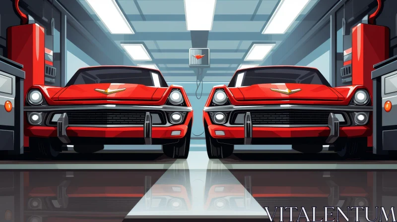Red Retro Cars in Garage - Bright Lights Scene AI Image