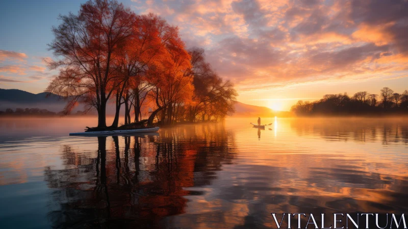 AI ART Serene Sunrise Over Lake with Paddling Boat and Majestic Tree