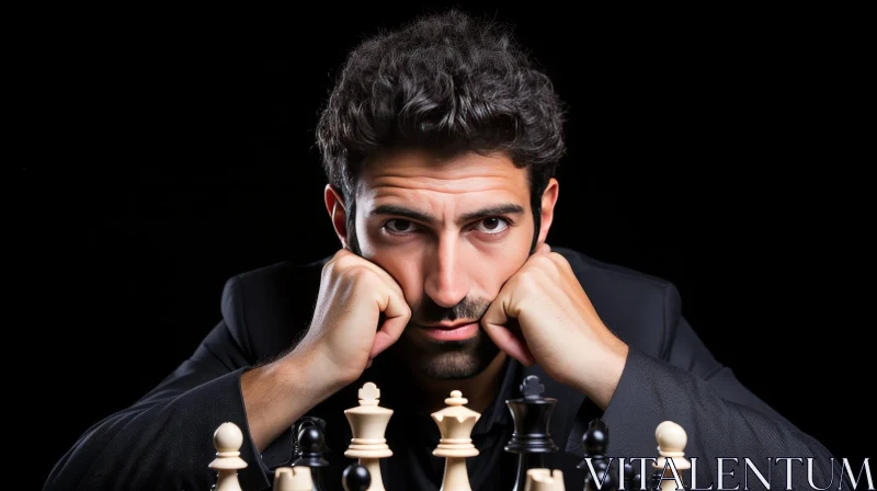Serious Man Portrait at Chessboard AI Image